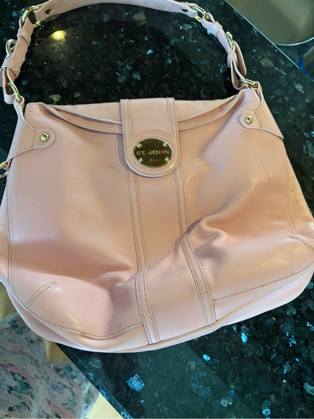 St. John Pale Pink Leather Shoulder Bag with Gold Plaque